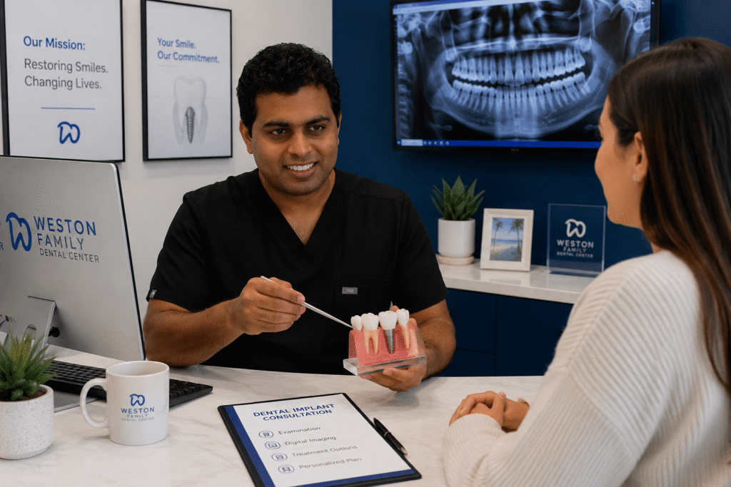 Dentist explaining dental implant treatment options to a patient during a dental implant consultation in Weston using an implant model and digital X-ray.
