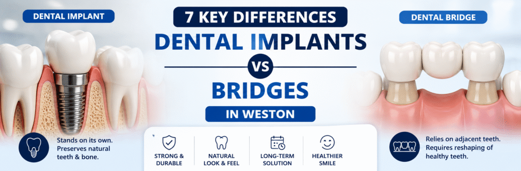 Dental implants vs bridges in Weston, FL showing key differences