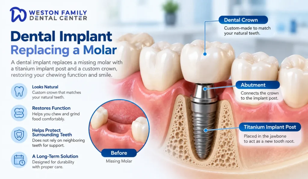 Dental implant and crown replacing a missing molar tooth