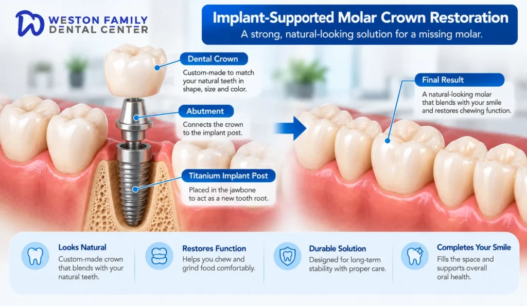 Implant-supported crown restoring a missing molar