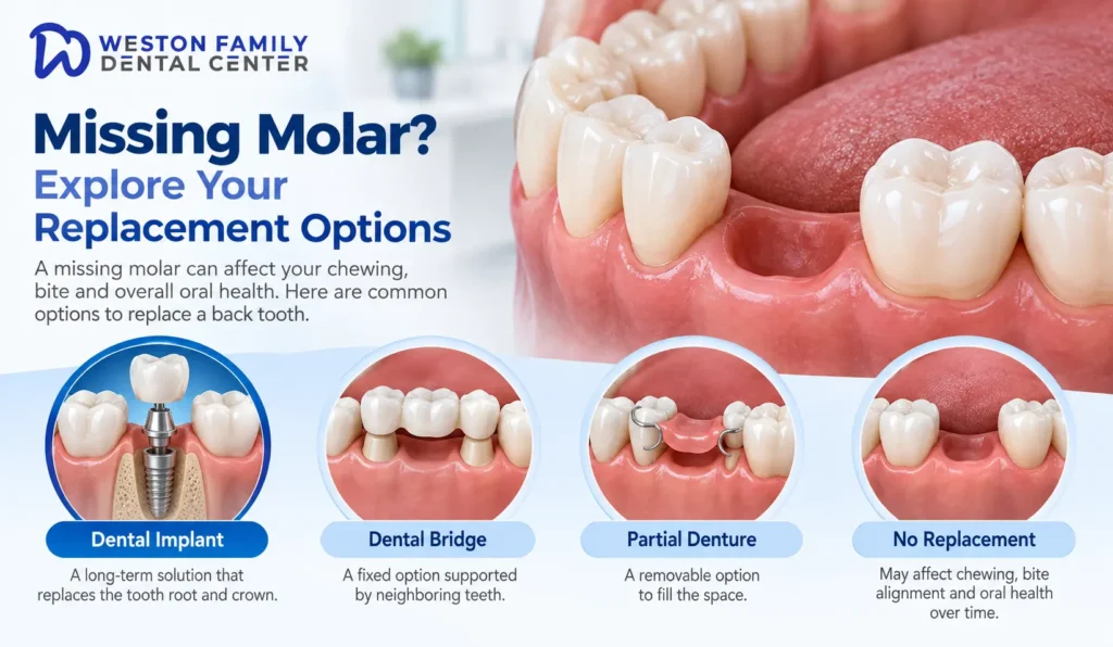 Illustration showing a missing molar and possible tooth replacement
