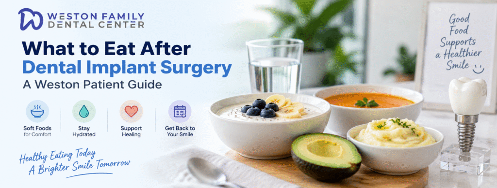 What to eat after dental implant surgery Weston FL with soft foods and hydration for recovery