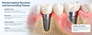 Educational illustration of a dental implant, implant-supported crown, surrounding gum tissue, and jawbone.