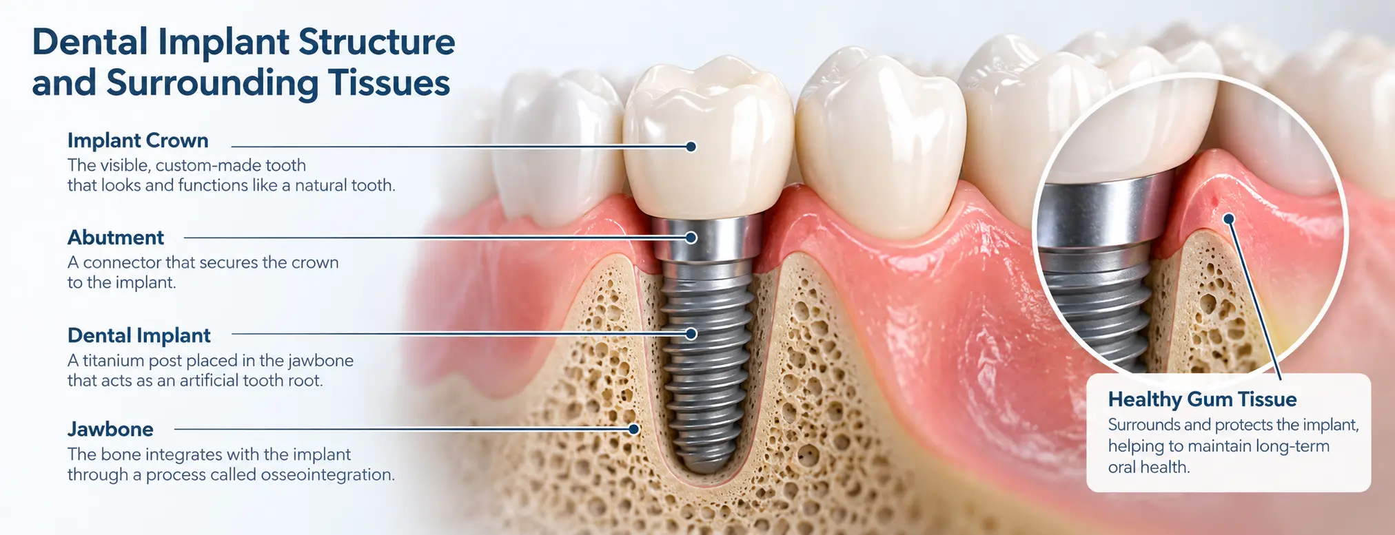 Educational illustration of a dental implant, implant-supported crown, surrounding gum tissue, and jawbone.