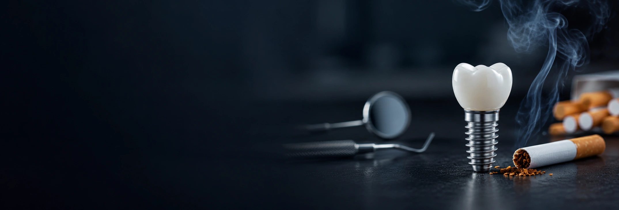 Dental implant beside a cigarette illustrating smoking risks for dental implant healing.