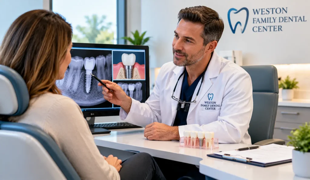 Dentist discussing a patient's dental implant concerns during a consultation.