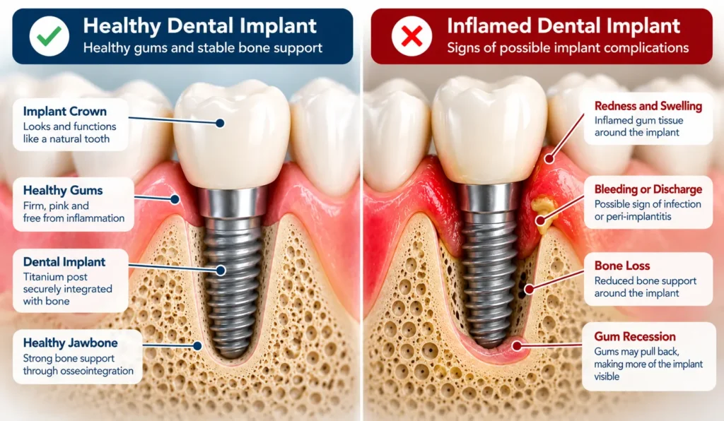 Non-graphic educational illustration comparing healthy gum tissue with inflamed tissue around a dental implant.