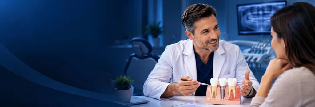 Dentist explaining dental implants to a patient during a consultation.